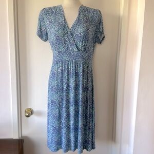 💕LL Bean Blue Micro Floral Print Jersey Dress M Petite EUC